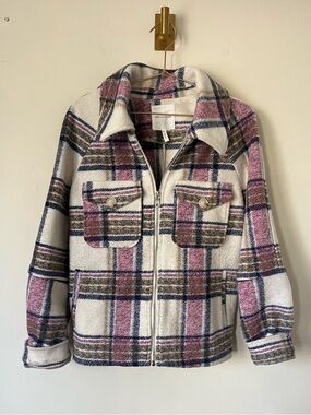 Avec Les Filles preppy Cream Pink and Gray Plaid Zip Jacket size M